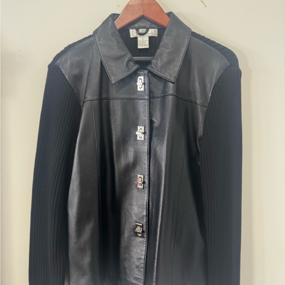 Lisa International Black Leather Jacket with Ribbed Sleeves